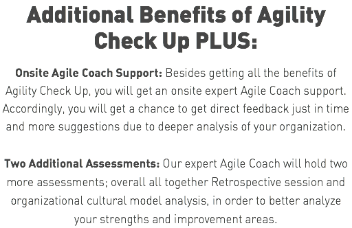 Additional Benefits of Agility Check Up PLUS: Onsite Agile Coach Support: Besides getting all the benefits of Agility Check Up, you will get an onsite expert Agile Coach support. Accordingly, you will get a chance to get direct feedback just in time and more suggestions due to deeper analysis of your organization. Two Additional Assessments: Our expert Agile Coach will hold two more assessments; overall all together Retrospective session and organizational cultural model analysis, in order to better analyze your strengths and improvement areas. 